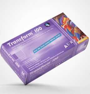TRANSFORM gants en nitrile jetables, sans poudre, texturés, bleu, 3,2 mil, moyen, 100/paquet