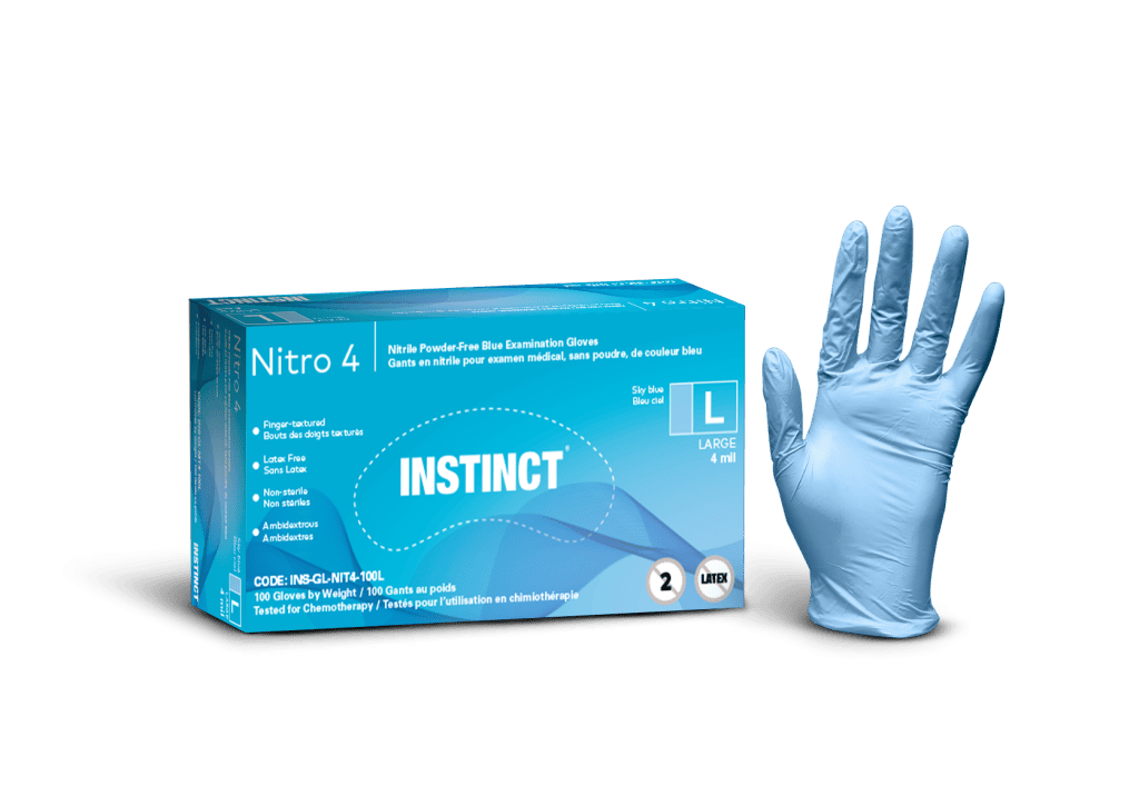 NITRO 4 gants médicaux jetables en nitrile, 4 mil, bleu, sans poudre, grand, 100/paquet