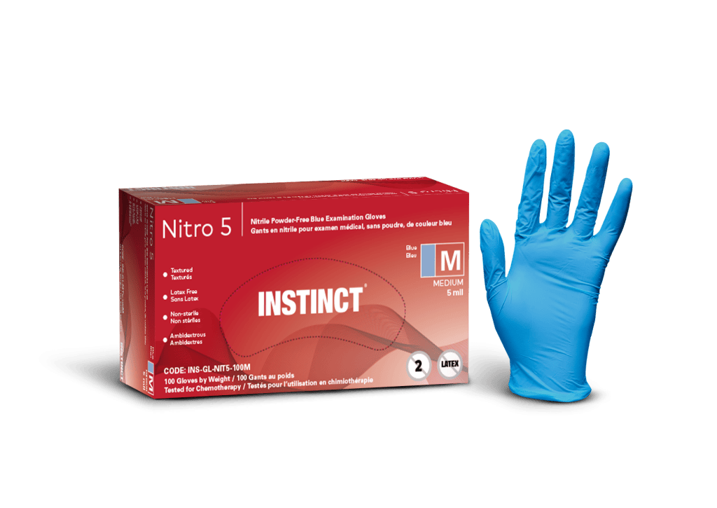 NITRO 5 gants médicaux jetables en nitrile, 5 mil, bleu, sans poudre, moyen, 100/boîte