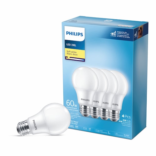 Philips ampoule DEL A19 E26, équivalent 60W, blanc doux (2700K), paquet de 4