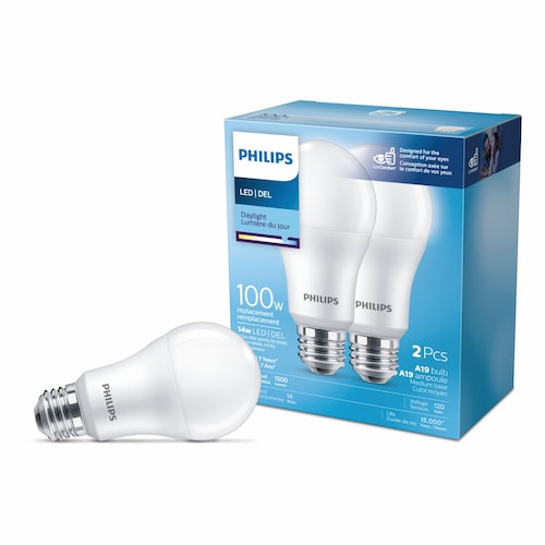 Philips ampoule DEL A19 E26, équivalent 100W, lumière du jour (5000K), paquet de 2
