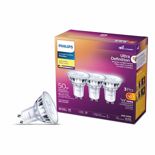 Philips Ultra Definition LED 50W GU10 Soft White WarmGlow Glass 3-Pack