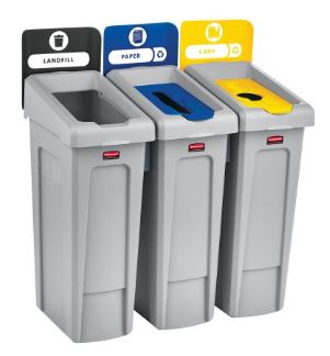 Station de recyclage à 3 voies / déchets, papiers, bouteilles