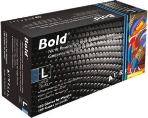 BOLD MAX soft nitrile medical gloves, powder-free, black, 6 mil, diamond texture, medium, 100/box