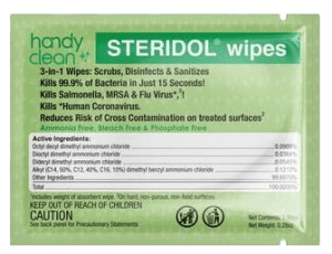 HandyClean Steridol disinfecting wipes for hard surfaces, individually wrapped
