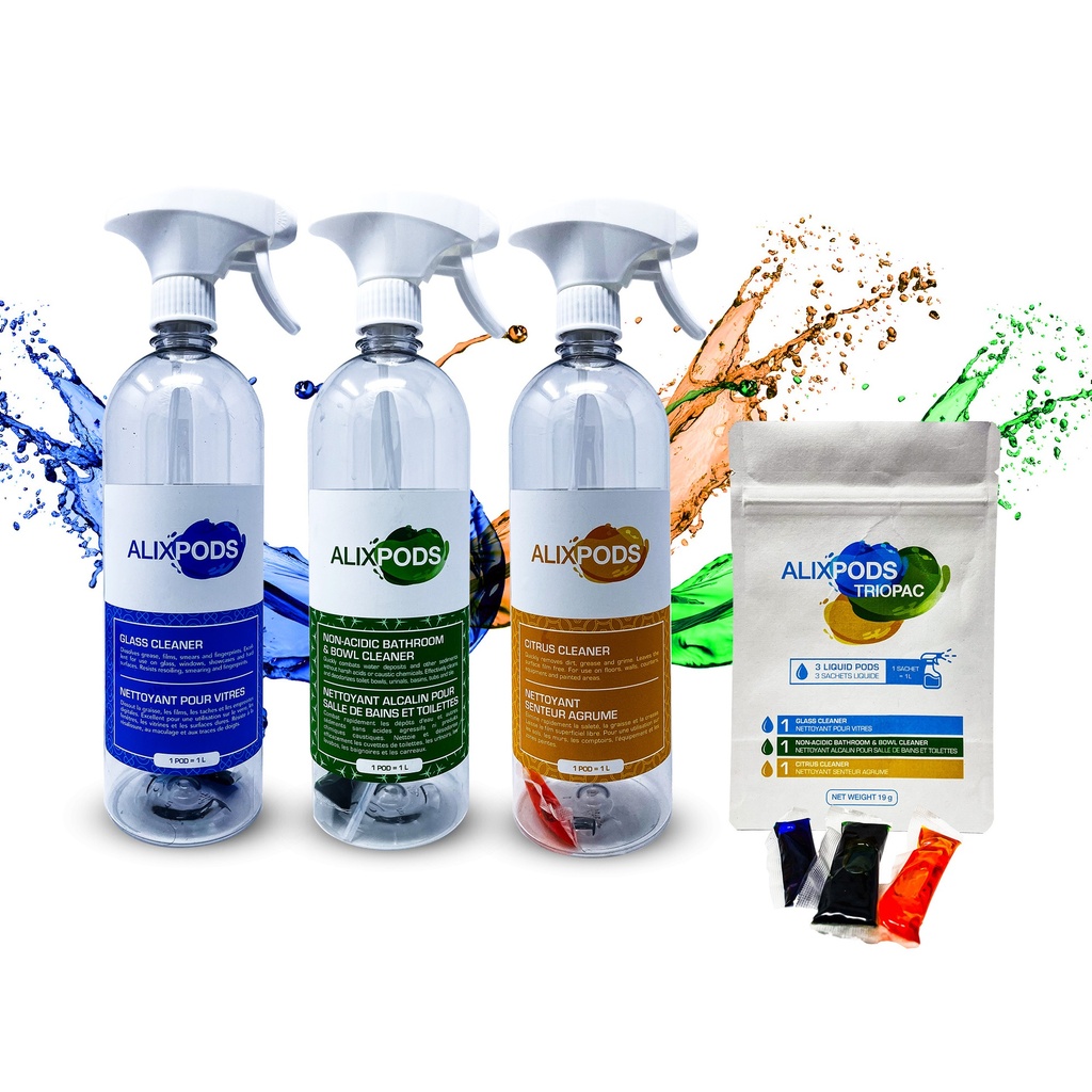 AlixPods TRIOPAC trousse de départ - nettoyant à vitres + nettoyant agrumes + nettoyant salle de bain sans acide